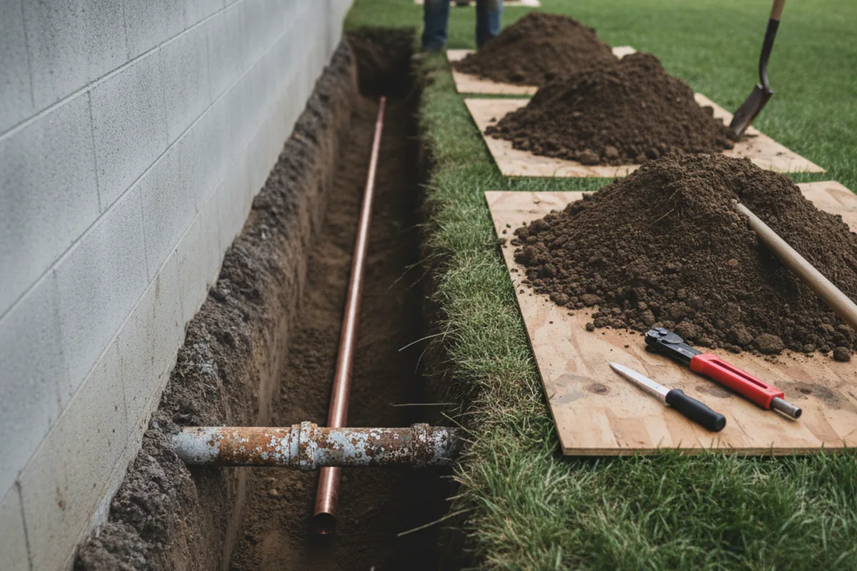 Excavated water line trench during Water Softener Installation in Ridgewood